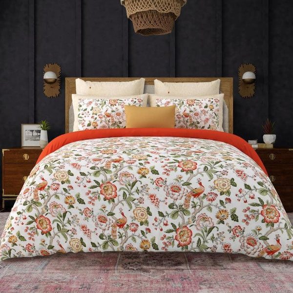 Bedsheets - Feathered Petals Bedsheet - White & Coral