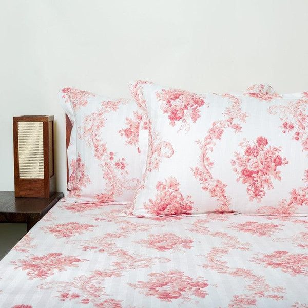 Bedsheets - Kaureena Printed Bedsheet - White & Coral