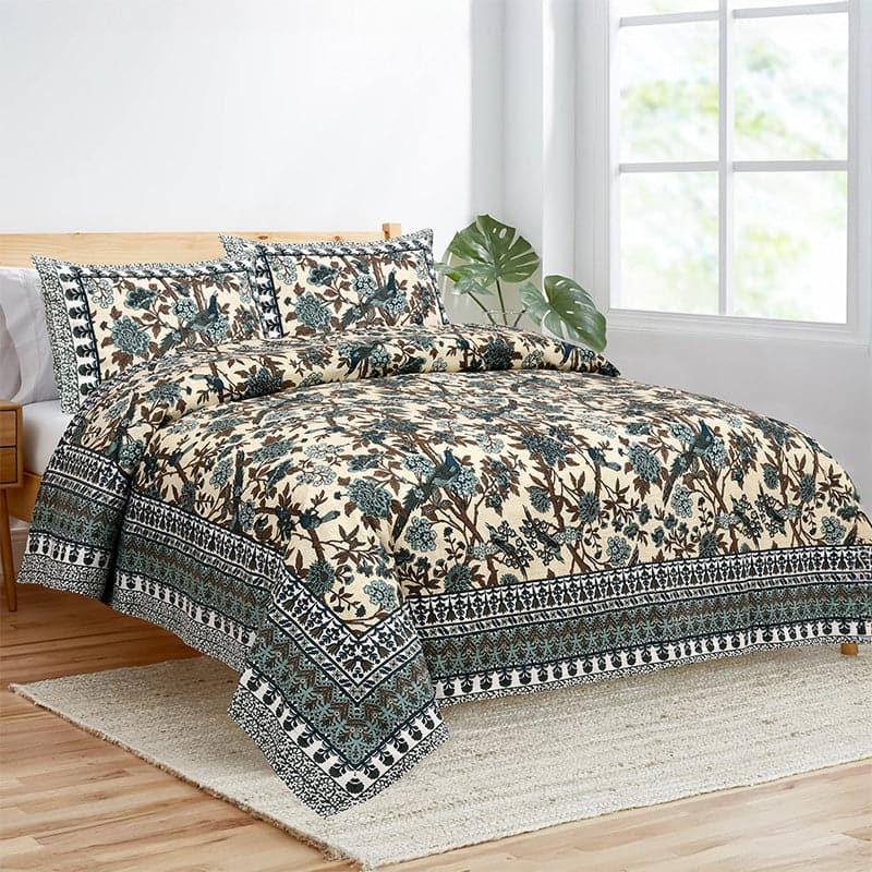 Bedsheets - Maitreya Floral Bedsheet - Blue & Beige