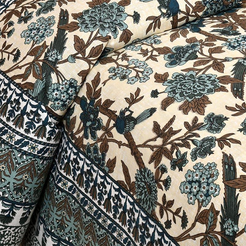 Bedsheets - Maitreya Floral Bedsheet - Blue & Beige