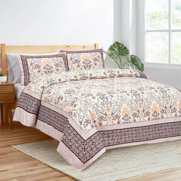 Bedsheets - Mughal Jaali Printed Bedsheet - Purple & Beige