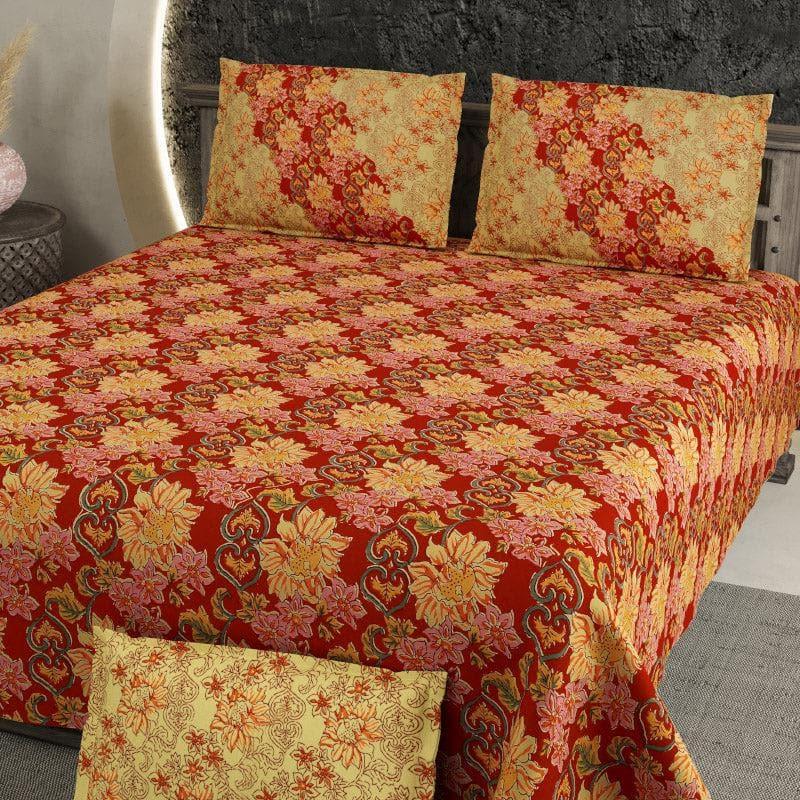 Bedsheets - Runa Floral Bedsheet - Red & Yellow
