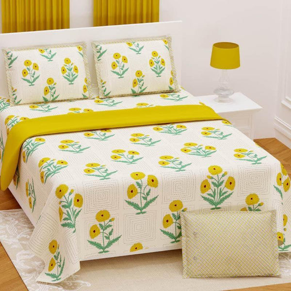 Bedsheets - Sanganeri Floral Bedsheet - Yellow