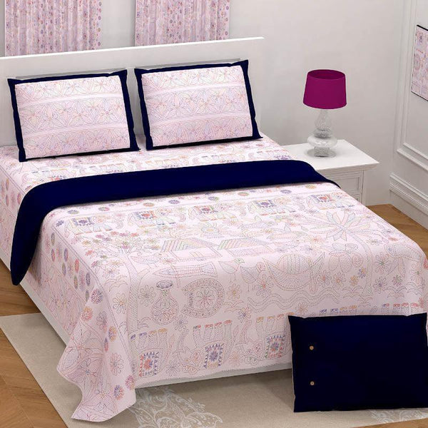 Bedsheets - Tusker Floral Bedsheet - Navy Blue