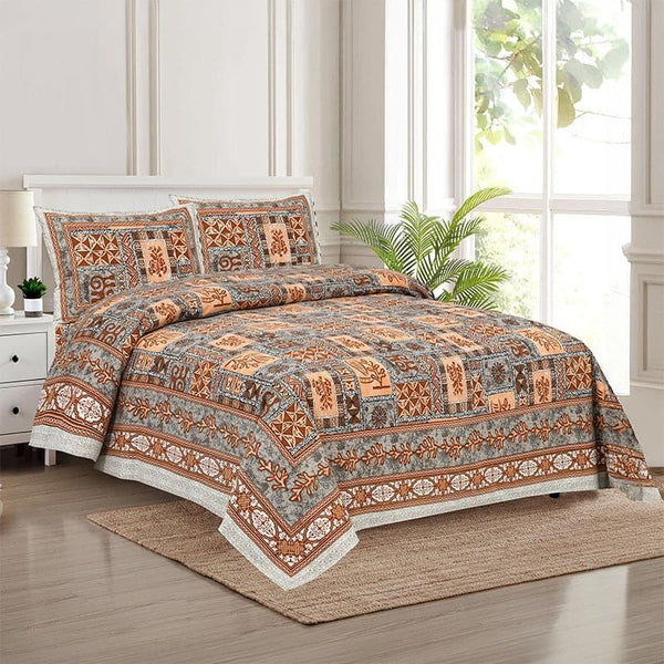 Bedsheets - Tvisha Tribal Applique Print Bedsheet - Orange & Grey