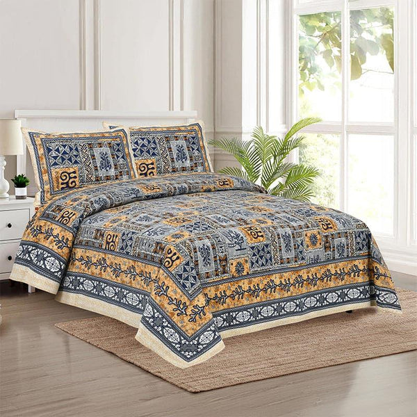 Bedsheets - Tvisha Tribal Applique Print Bedsheet - Yellow & Grey