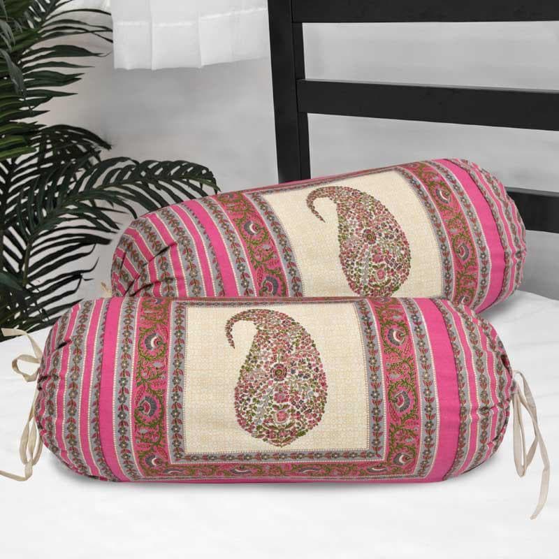 Bolster Covers - Kavita Ethnic Printed Bolster Cover (Pink) - Set Of Two