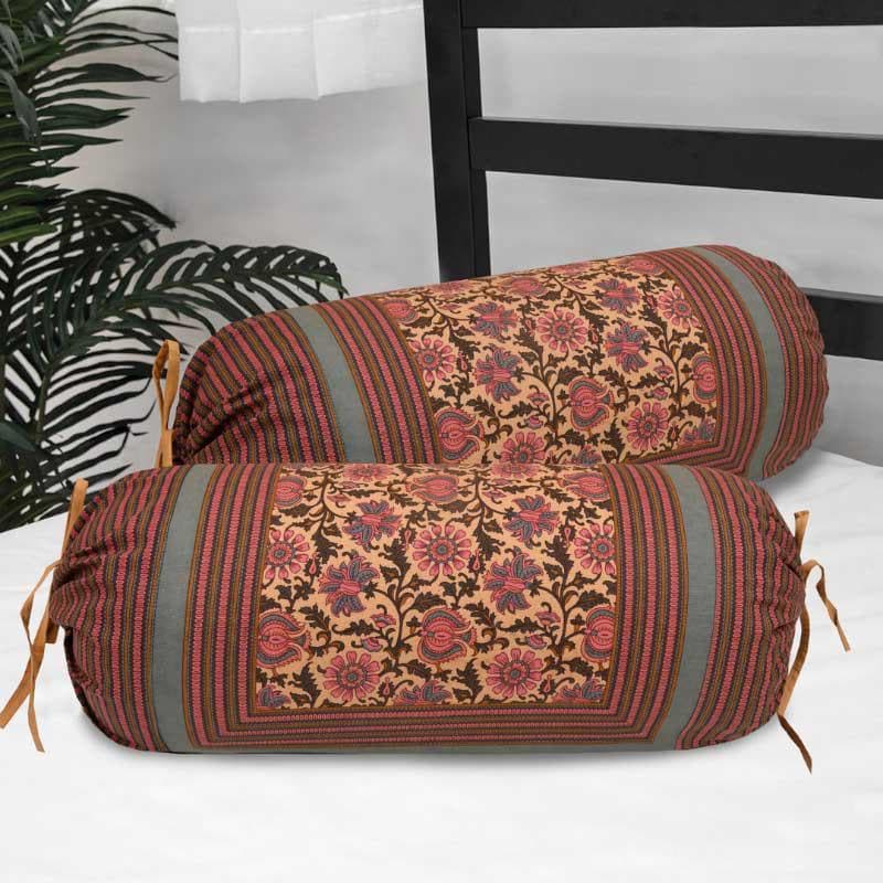 Buy Rekha Floral Printed Bolster Cover (Grey) - Set Of Two Bolster Covers from Vaaree