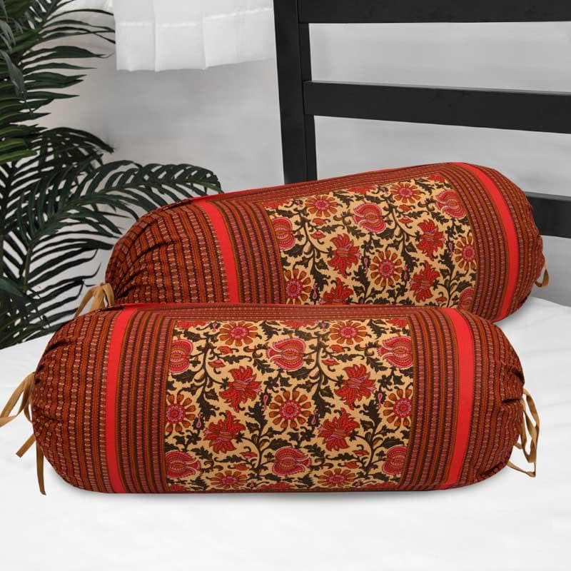 Buy Rekha Floral Printed Bolster Cover (Red) - Set Of Two Bolster Covers from Vaaree