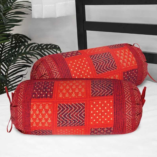 Buy Saujanya Ethnic Printed Bolster Cover (Red) - Set Of Two Bolster Covers from Vaaree