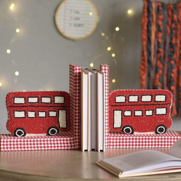 Book End - Red Bus Beaded Embroidery Bookend - Set Of Two