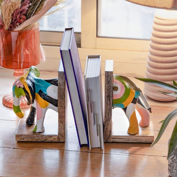 Book End - Technicolour Tusker Handpainted Bookend - Set Of Two