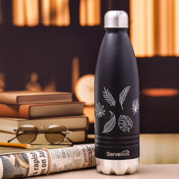 Bottle - Leafy Mate Hot & Cold Thermos Bottle (Black) - 750 ML