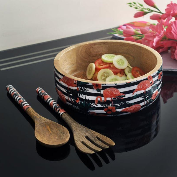 Buy Flaminga Wooden Flat Bowl With Spoon & Fork - Set Of Three Bowl from Vaaree