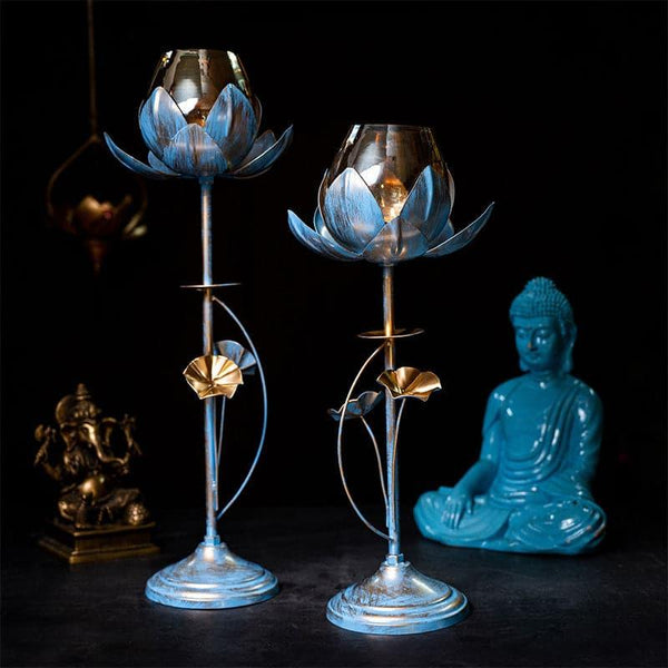 Candle Holder - Lotus Blossom Candle Holder (Blue) - Set Of Two