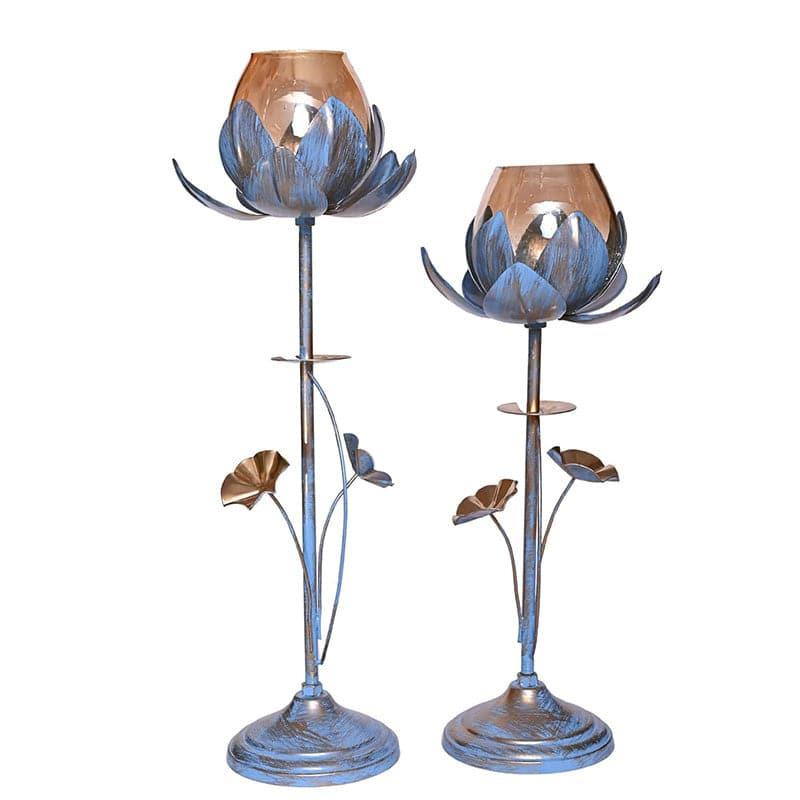 Buy Candle Holder - Lotus Blossom Candle Holder (Blue) - Set Of Two at Vaaree online
