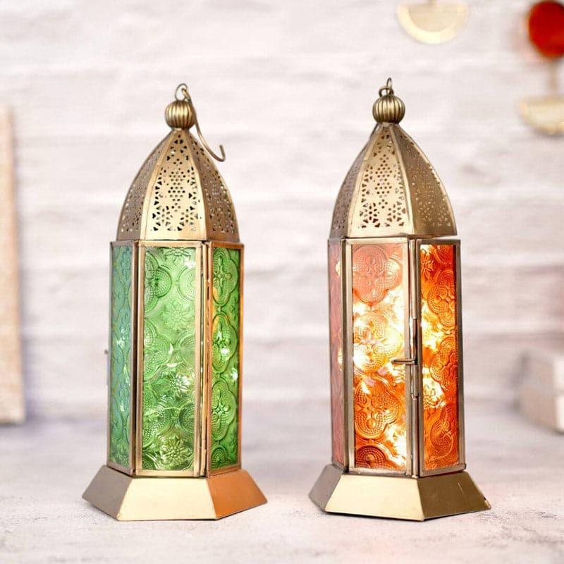 Buy Vistera Large Morrocan Lantern (Green & Orange) - Set Of Two Candle Holders from Vaaree