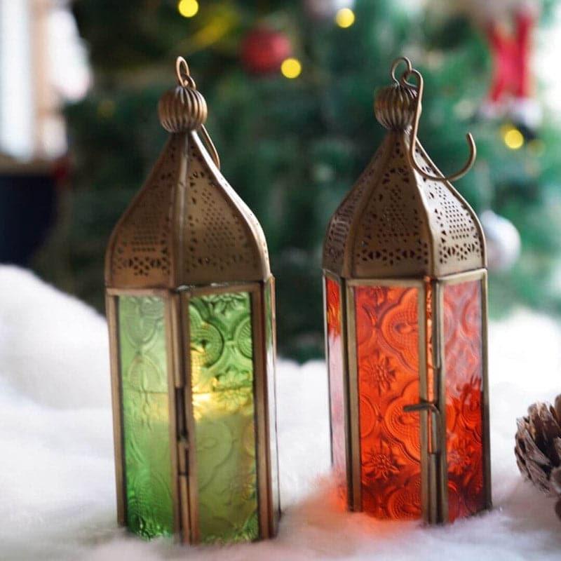 Buy Candle Holder - Vistera Small Morrocan Lantern (Green & Orange) - Set Of Two at Vaaree online