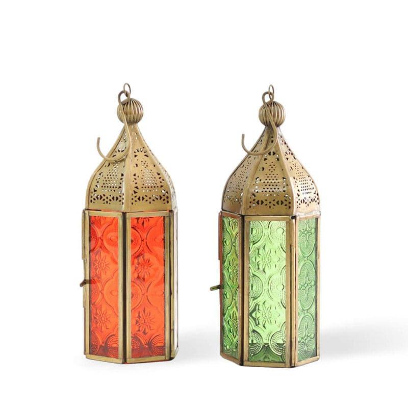 Buy Vistera Small Morrocan Lantern (Green & Orange) - Set Of Two Candle Holders from Vaaree