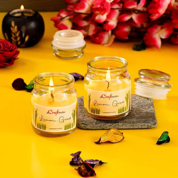 Buy Nithya Lemon Grass Scented Jar Candle - Set Of Two Candles from Vaaree