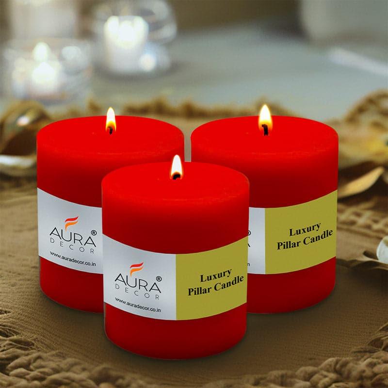 Buy Rence Unscented Short Pillar Candle (Red) - Set Of Three Candles from Vaaree