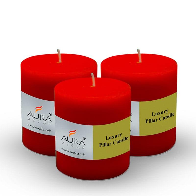 Buy Rence Unscented Short Pillar Candle (Red) - Set Of Three Candles from Vaaree