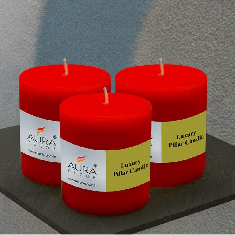 Buy Rence Unscented Short Pillar Candle (Red) - Set Of Three Candles from Vaaree