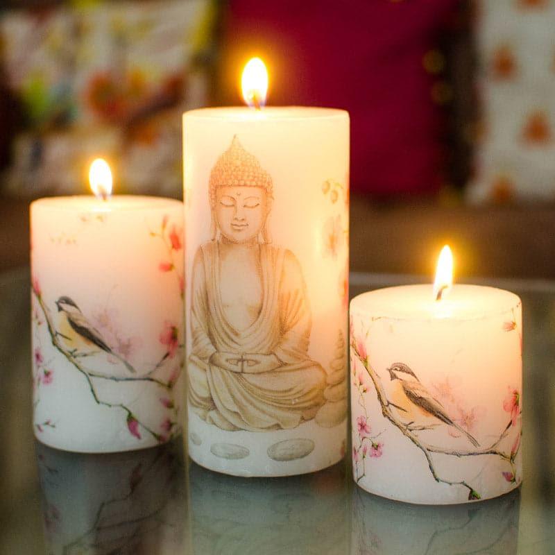 Buy Tranquil Buddha Unscented Pillar Candle - Set Of Three Candles from Vaaree