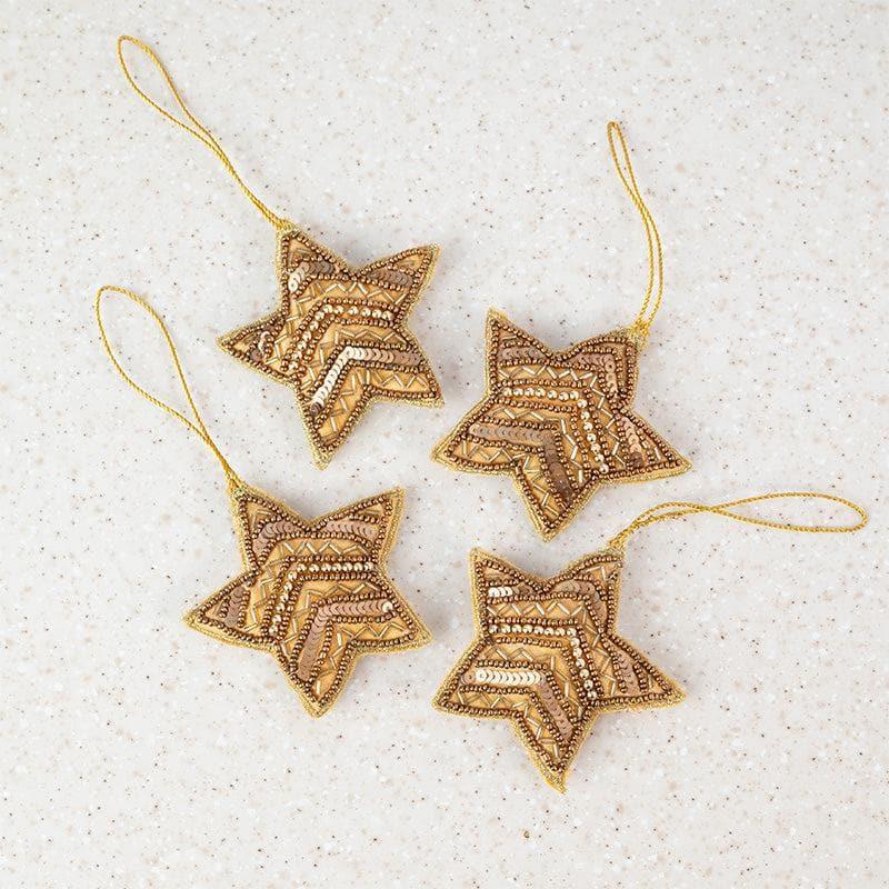 Buy Golden Beaded Christmas Star - Set Of Four Christmas Ornaments from Vaaree