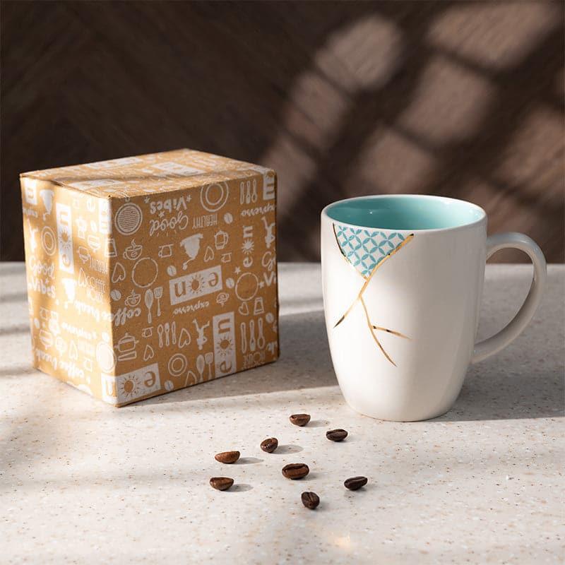 Coffee Mug - Wabi Sabi Porcelain Mug (Aqua & White) - 295 ML