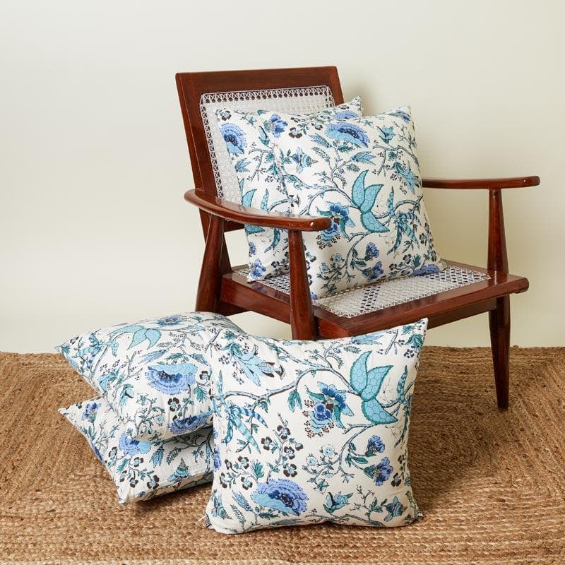 Buy Lushlie Blooms Cushion Cover (Blue) - Set Of Five Cushion Cover Sets from Vaaree