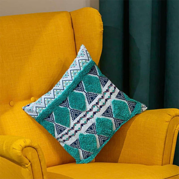 Cushion Covers - Boho Block Tufted Cushion Cover - Aqua Green