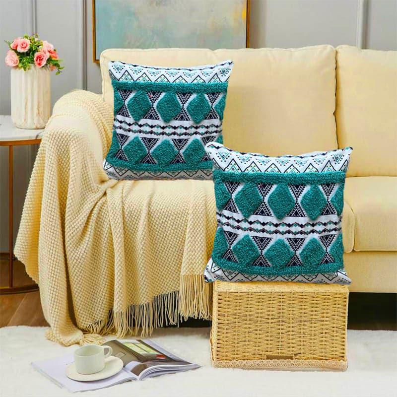 Buy Boho Block Tufted Cushion Cover - Aqua Green Cushion Covers from Vaaree