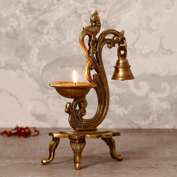 Diyas - Antique Brass Parrot Diya With Bell