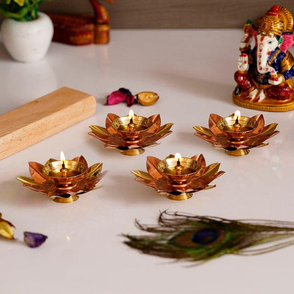 Diyas - Lotus Bloom Brass Diya - Set Of Four