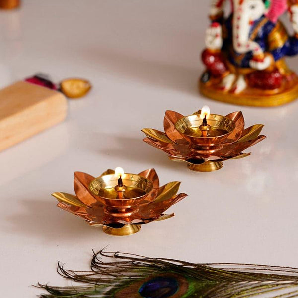 Diyas - Lotus Bloom Brass Diya - Set Of Two