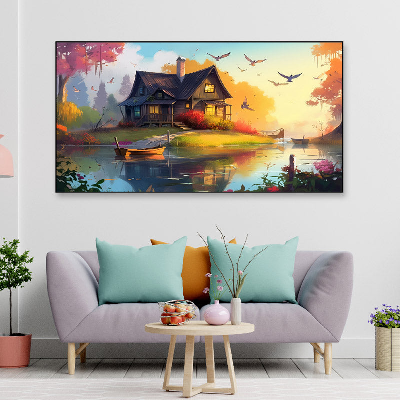 Buy Riverside Cottage Wall Painting Wall Art & Paintings from Vaaree