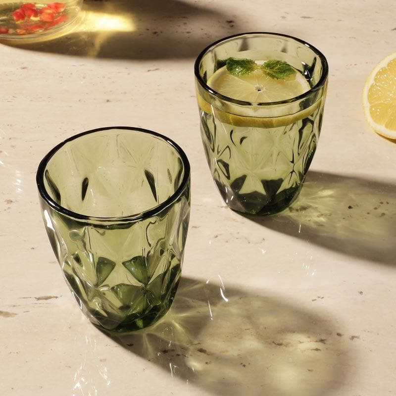 Drinking & Juice Glasses - Cubist Green Tinted Glass (270 ml ) - Set Of Two