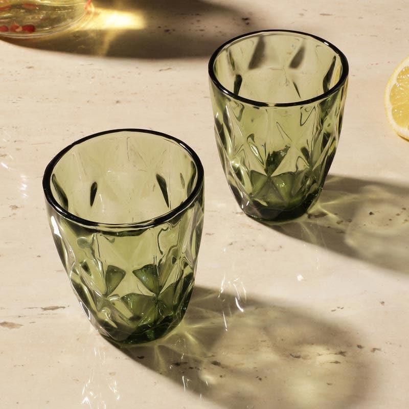 Drinking & Juice Glasses - Cubist Green Tinted Glass (270 ml ) - Set Of Two