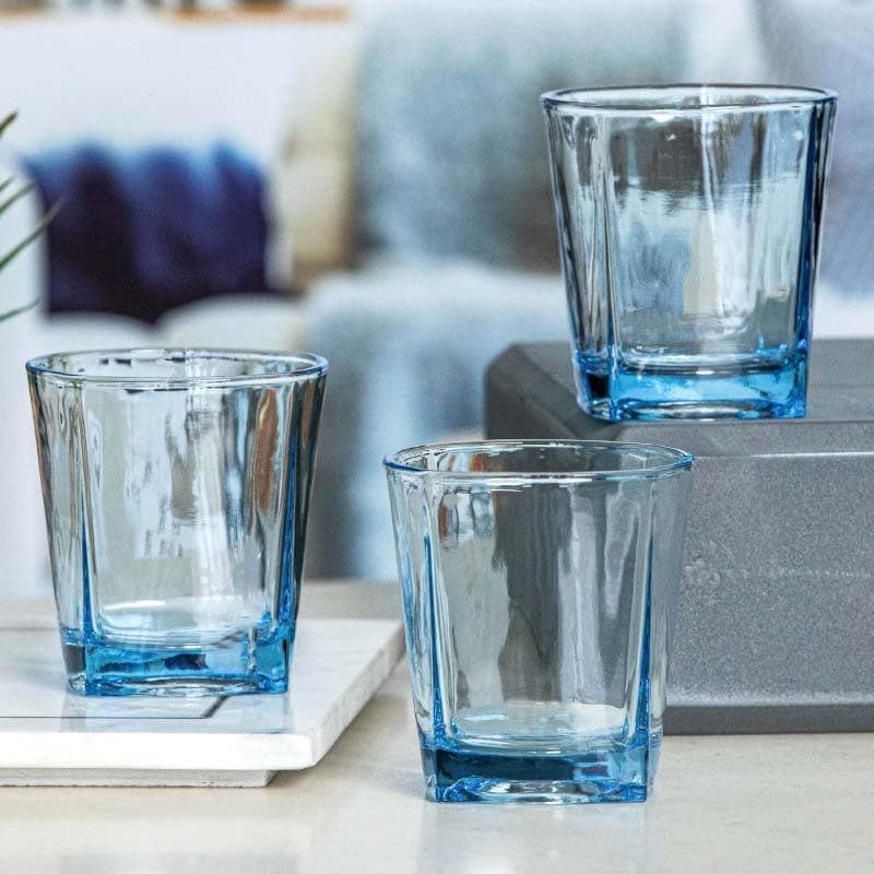 Buy Sleek Cut Blue Glass Tumbler (170 ML) - Set Of Six Drinking & Juice Glasses from Vaaree