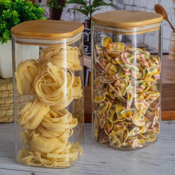 Jar - Aura Storage Jar With Wooden Lid (1580 ML) - Set Of Two