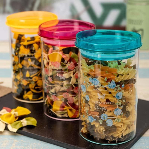 Jar - Montana Floral Printed Glass Jar (1000 ML) - Set Of Three