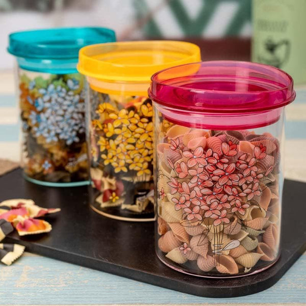 Jar - Montana Floral Printed Glass Jar (700 ML) - Set Of Three