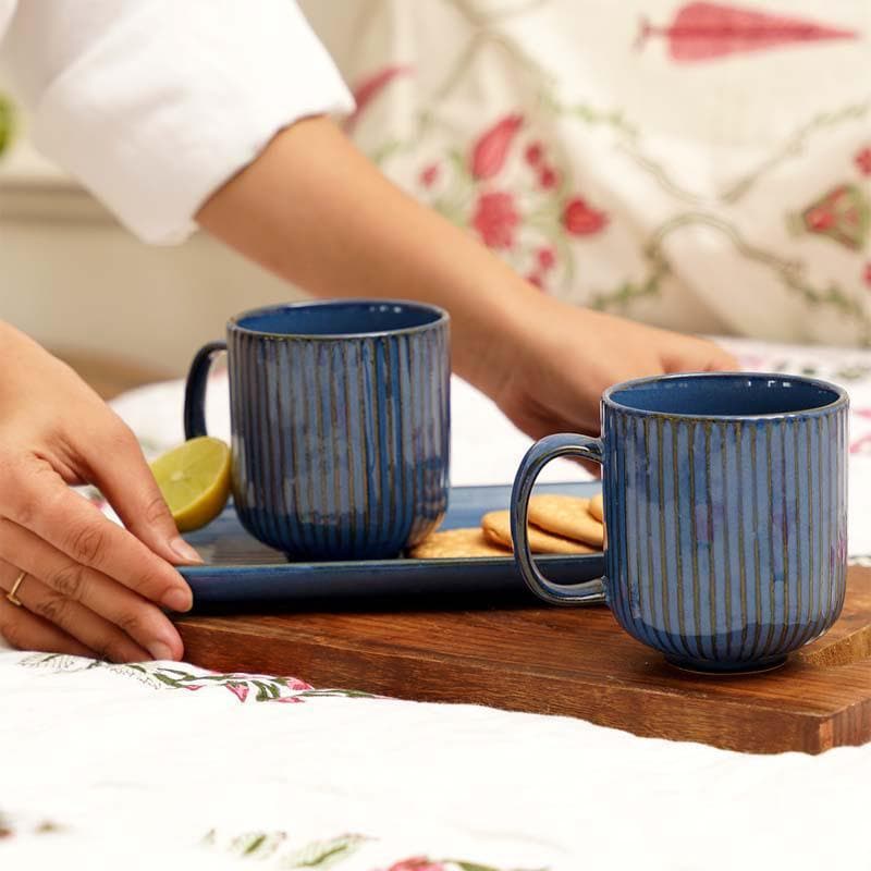 Buy Cristie Ribbed Mugs And Tray Set (Cobalt) - Set Of Three Mug & Tea Cup from Vaaree