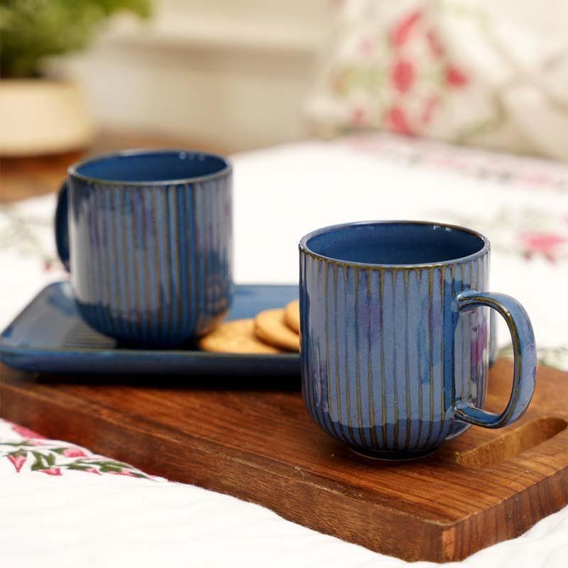 Buy Cristie Ribbed Mugs And Tray Set (Cobalt) - Set Of Three Mug & Tea Cup from Vaaree