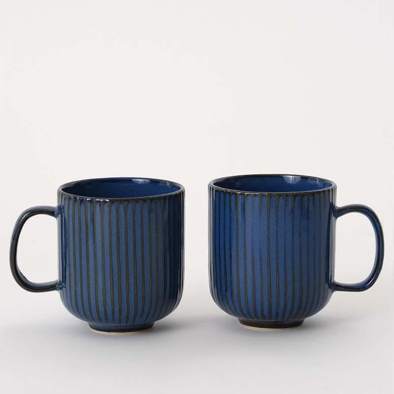 Buy Cristie Ribbed Mugs And Tray Set (Cobalt) - Set Of Three Mug & Tea Cup from Vaaree