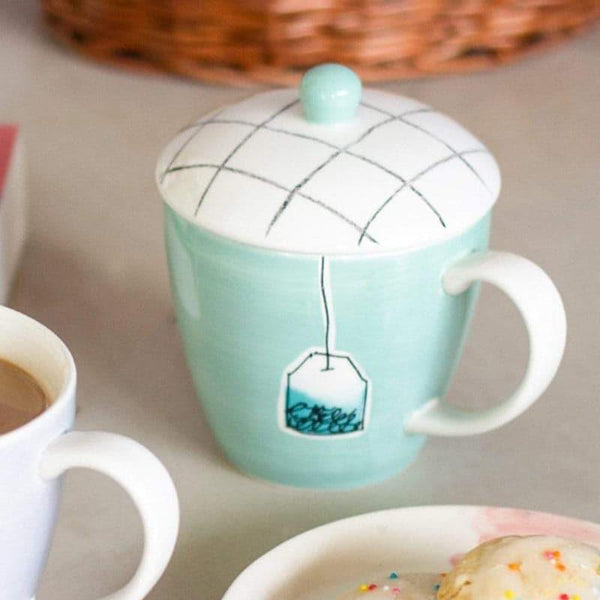 Mug & Tea Cup - Tea Time Handpainted Mug With Lid - Teal