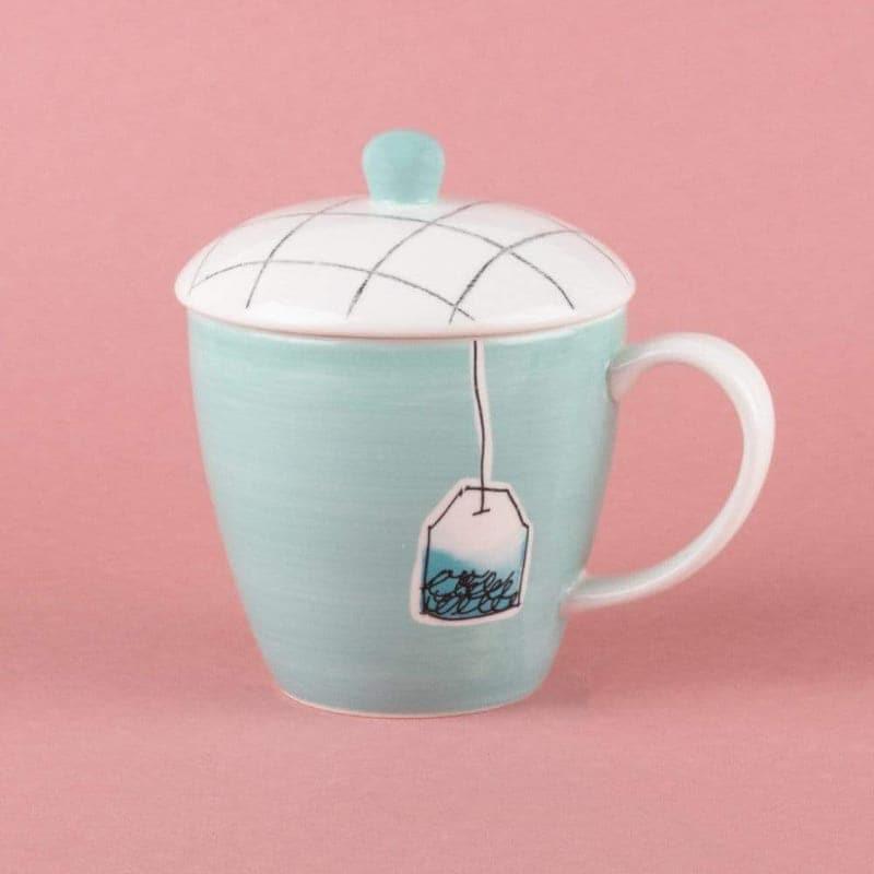 Mug & Tea Cup - Tea Time Handpainted Mug With Lid - Teal
