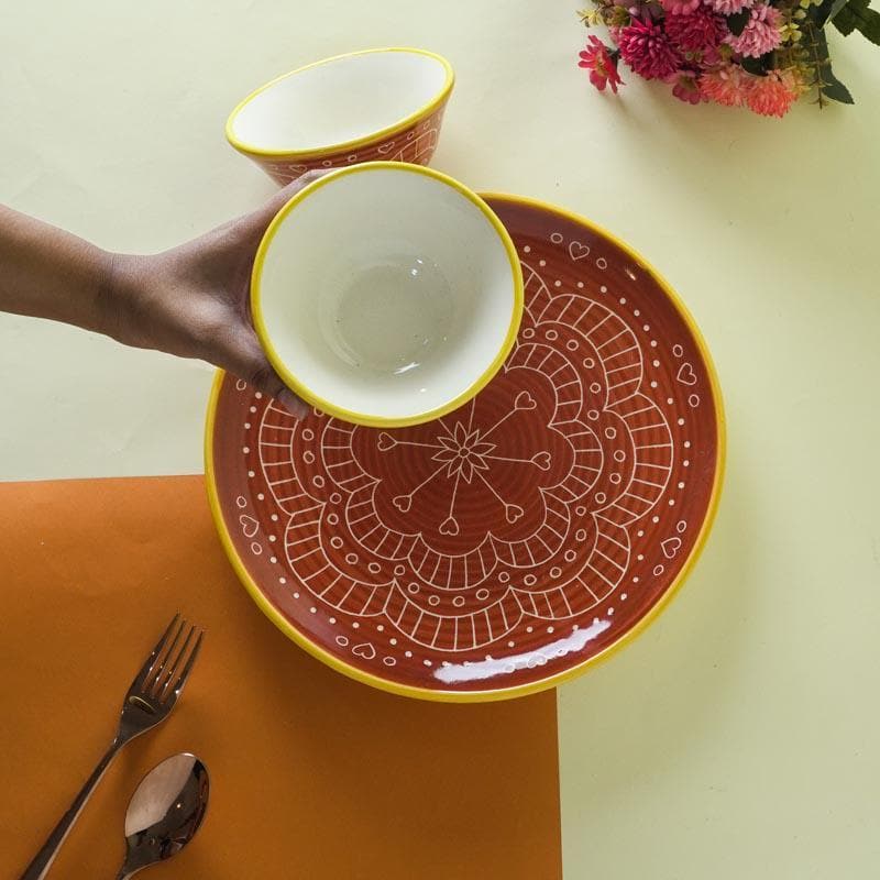 Buy Revista Mandala Plate With Bowl (Red) Plate & bowl from Vaaree