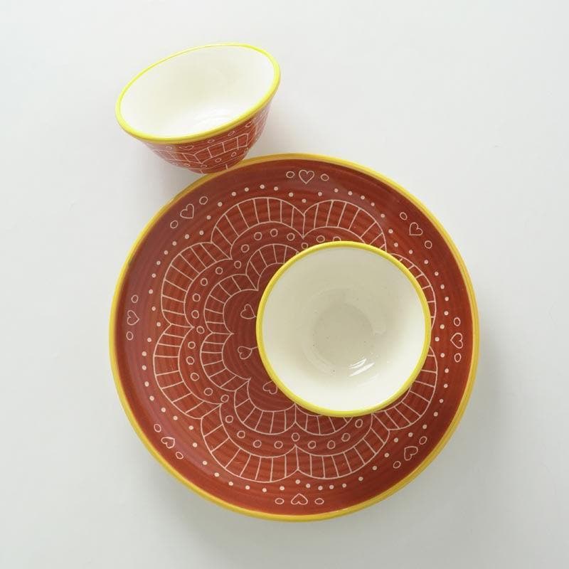 Buy Revista Mandala Plate With Bowl (Red) Plate & bowl from Vaaree